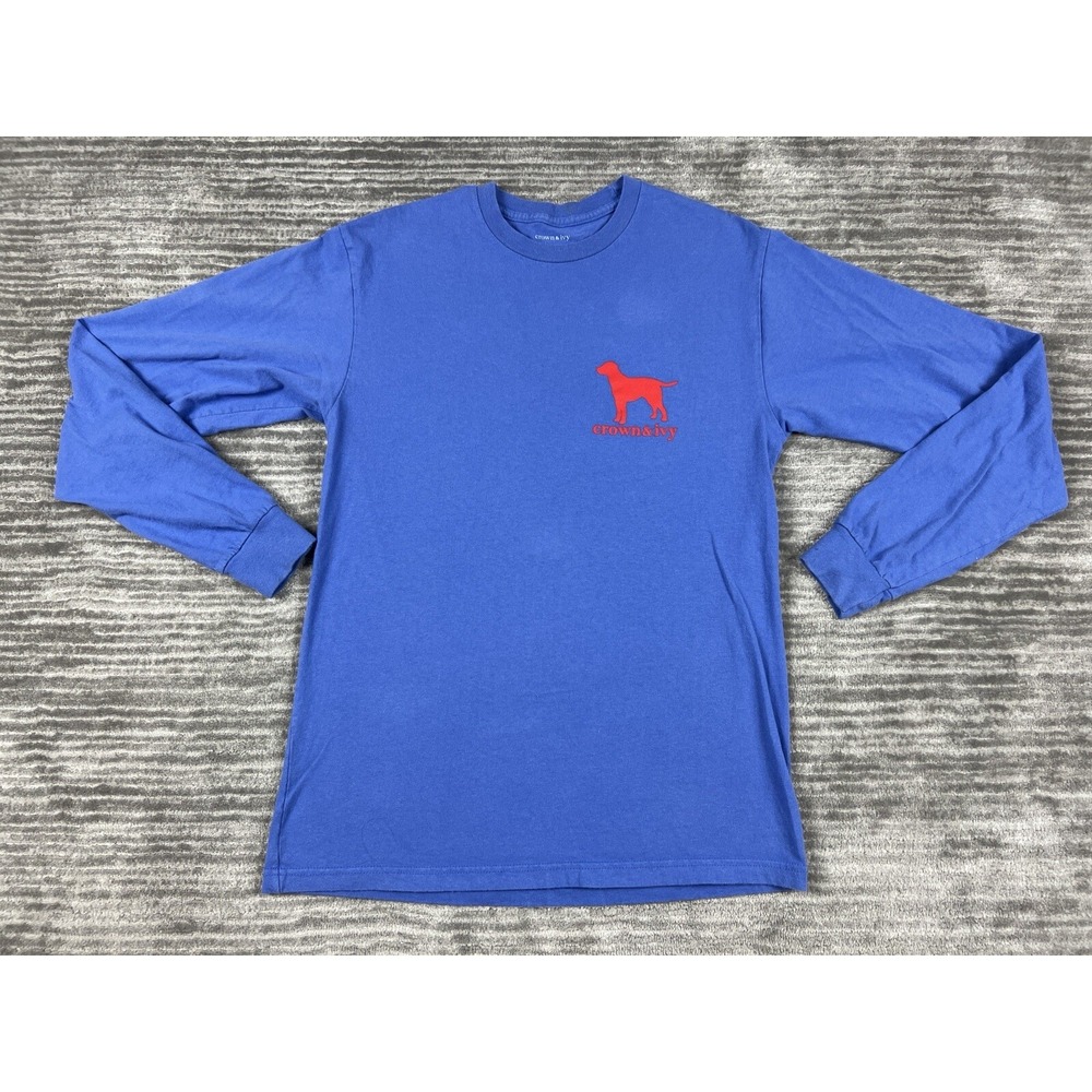 Crown & Ivy T-Shirt Mens Medium Blue USA Flag Dog Graphic Long Sleeve Cotton